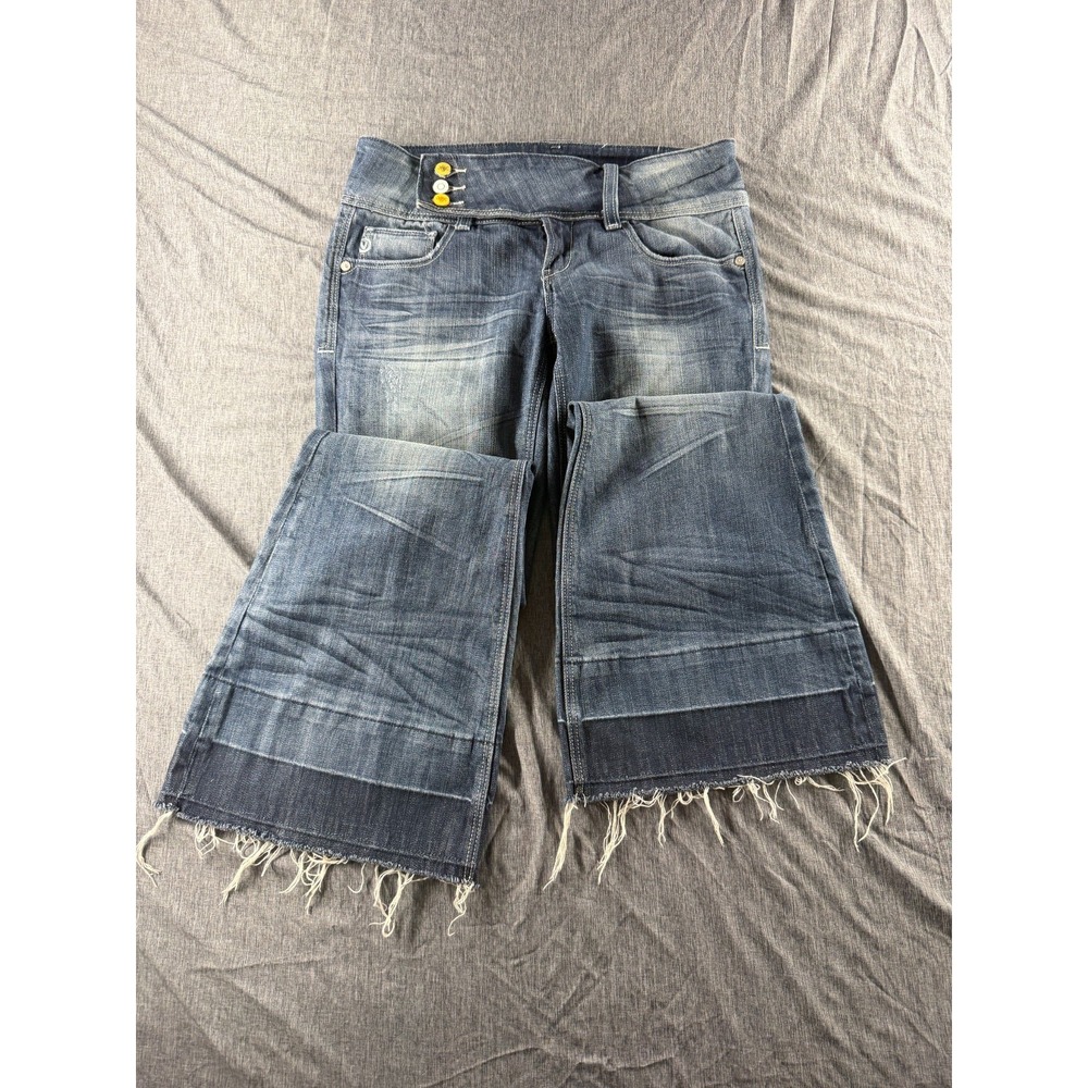 Vigoss Womens Jeans 7/8 29 Wide Leg Flare Raw Hem Distressed Y2K Dark Wash